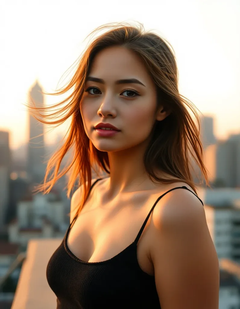 Portrait of a young woman on a city rooftop at golden hour, skyline bokeh behind her, wind moving her hair, cinematic warm-neutral color grade, soft directional key light, 35mm lens, shallow depth of field, natural skin tones, subtle film grain