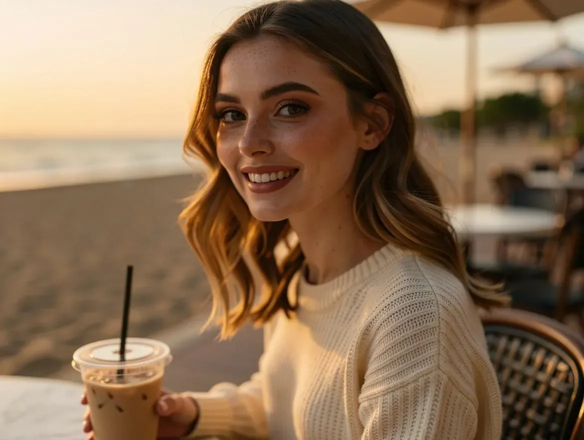 the same woman sitting at an outdoor beach cafe at golden hour, holding an iced coffee, candid lifestyle photo