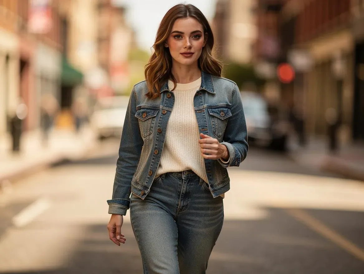 the same woman walking a sunlit city street in a denim jacket, candid lifestyle photo