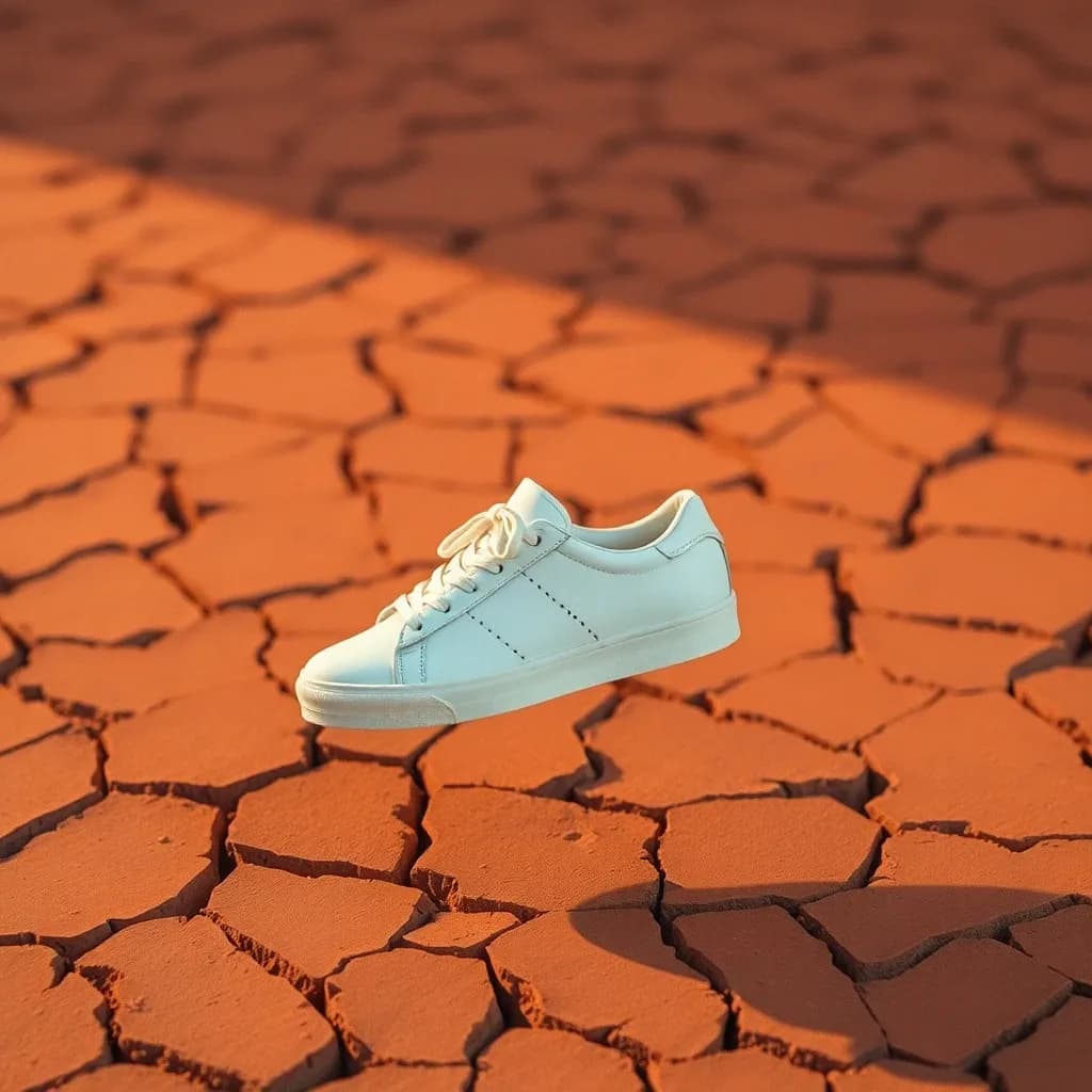 AI product photo of a sneaker floating over terracotta